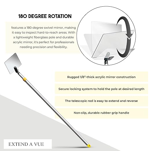 Inspection Mirror Telescoping Pole, Lightweight & Durable, 4 ft - 8 ft Pole, 8 x 10 inch Acrylic Mirror