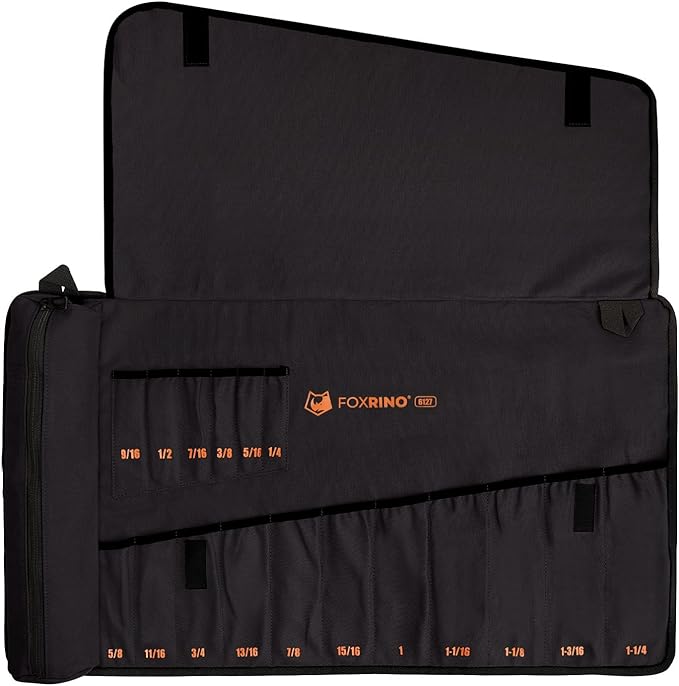 Wrench Roll, Wrench Roll Up Pouch, Gifts for Men Father Dad Mechanic, Heavy Duty Canvas Wrench Organizer Bag (Black, 17+1 SAE)