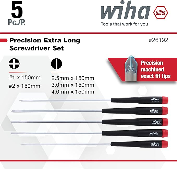 Wiha 26192 Slotted and Phillips Screwdriver Set, 5 Piece