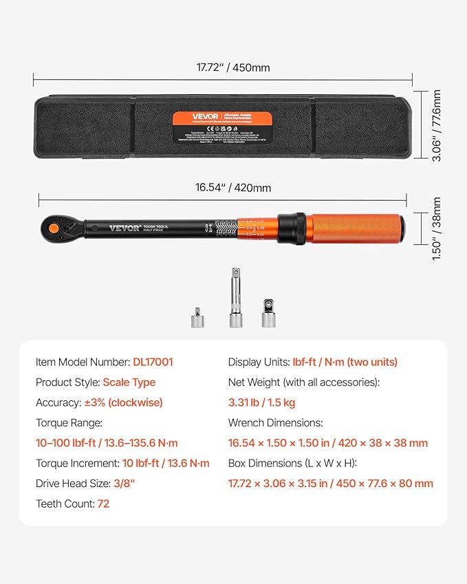 VEVOR 3/8 Inch Drive Torque Wrench, 10-100 ft.lb/13.6-135.6 Nm, Dual-Direction Adjustable Click Torque Wrench with 1/2 & 1/4 adapter, 3" Extension Bar, for Automobile Repair