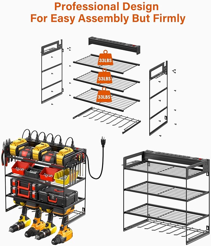 JUNNUJ Power Tool Organizer with 10 Outlet Power Strip, 4 Layer Wall Mount Drill Holder with Charging Station, 4 Drills Storage Shelf Shop Garage Utility Rack, Black