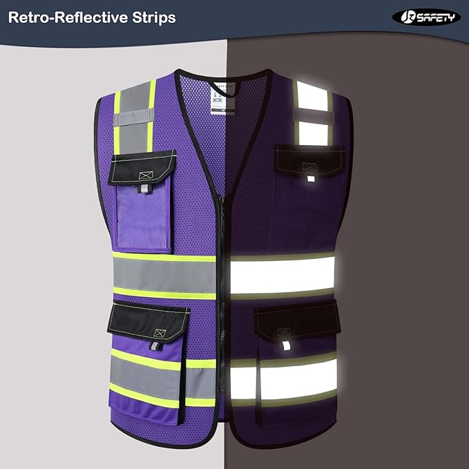 JKSafety Hi Vis Reflective Safety Vests for Men Women High Visibility Vest with Pockets Mesh Fabric Construction Safety Apparel Neon Vest for Work (220-PurpleB XL)