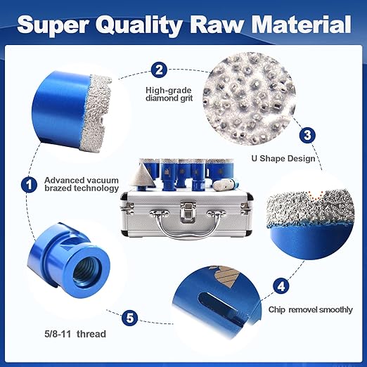 Diamond Drill bits kit for Porcelain Porcelain Tile Ceramic Marble Brick Concrete Vacuum Brazed Hole Saw (25/35/45/65/75mm+20mm Finger Bits+50mm Beveling Chamfer Bit)