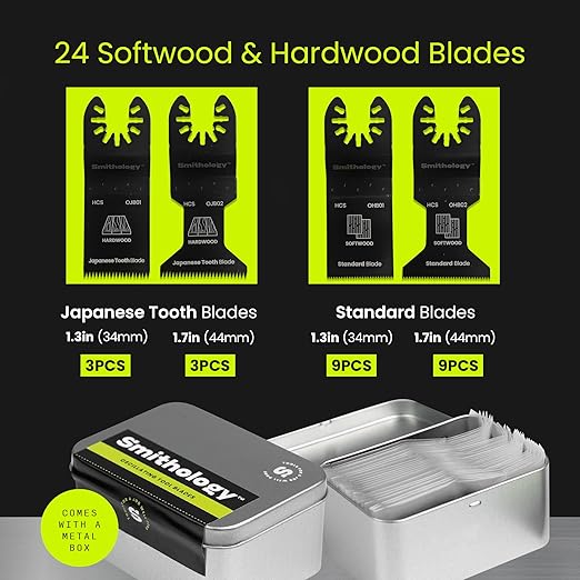 Smithology 24PCS Oscillating Saw Blades - 6 Japanese Tooth & 18 Standard Multi Tool Blades Kits, 33mm & 44mm with Precision-Ground Teeth, for Cutting Wood, PVC, Laminate Flooring, & Drywall