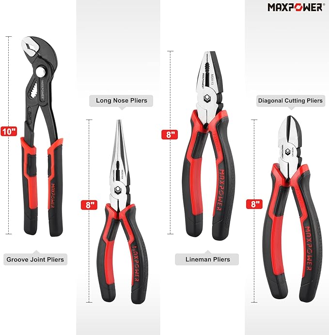 MAXPOWER 4-Piece Pliers Set: 8" Lineman, Diagonal Cutters, Needle Nose, 10" Water Pump Pliers