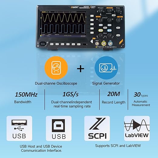 150MHz OWON Oscilloscope, 2+1 CH 25MHz Waveform Generator Digital Oscilloscope 1GSa/s Sample Rate for Each Channel 7 inch LCD Display (150MHz/2+1 CH/OWON SDS215S)