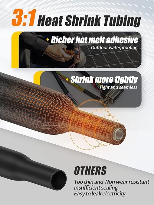 Eventronic Heat Shrink Tubing Kit 200 PCS, 3.54" Extra-Length, 3:1 Ratio Dual Walled with Strong Adhesive Lined, Marine Grade Shrink Wrap - Industrial Heat-Shrink Tubing -Black