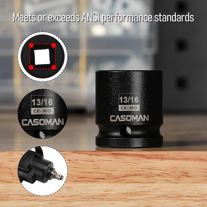 CASOMAN 1/2" Drive 4-Point Square Socket-13/16", Budd Wheel Impact Socket, CR-MO