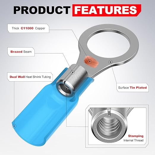AIRIC 22-16 AWG - 3/8" Heat Shrink Ring Terminals, Copper Terminal Connector Ends, Battery Cable End Lugs,Red Insulated Electrical Crimp Wiring Connectors, Wire Lug for 22 20 18 16 Gauge Wires 100 PCS