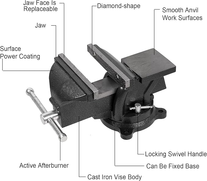 6" Heavy Duty Bench Vise, Pipe Vise Bench Vices with Anvil Swivel Table Top Clamp Locking Base, Double Swivel Rotating Vise Head& Body Rotates 360°-Black