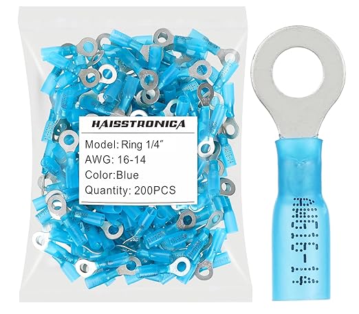 haisstronica 200pcs 1/4" Blue Marine Grade Heat Shrink Ring Connectors,16-14 Gauge Tinned Red Copper 0.7mm Ring Terminals Connectors,Brazed-Seam Insulated Electrical Crimp Wire Terminals