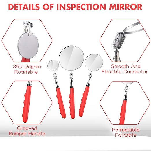 3 Pieces Telescoping Inspection Mirror Stainless Steel Extendable Mechanic Mirror with Long Handle Tool for Technicians Mechanics Contractors Eyelashes Mouth and Other Small Parts(Red)