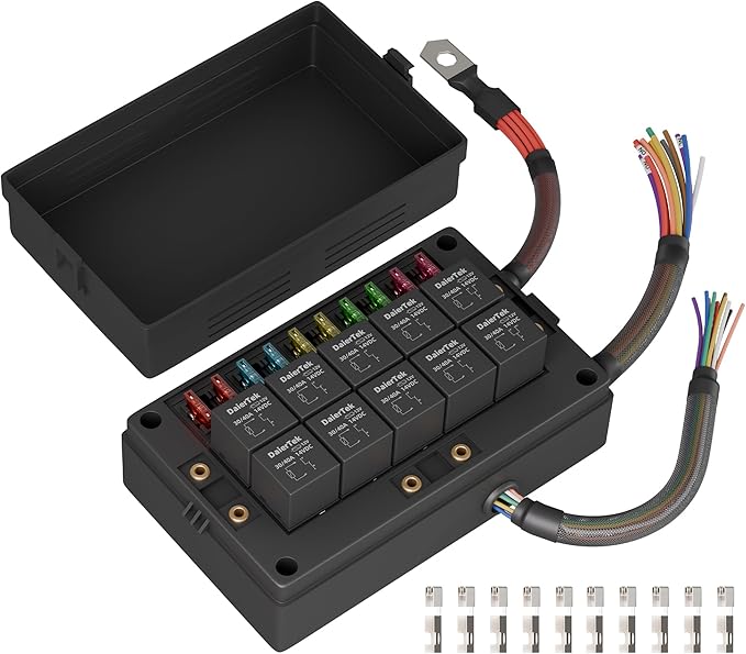 DaierTek Relay Box 12V 10 Way Relay Block and 10 Way ATC/ATO Blade Fuse Panel Pre-Wired Dustproof Fuse Relay Box for Automotive Car Marine Boat