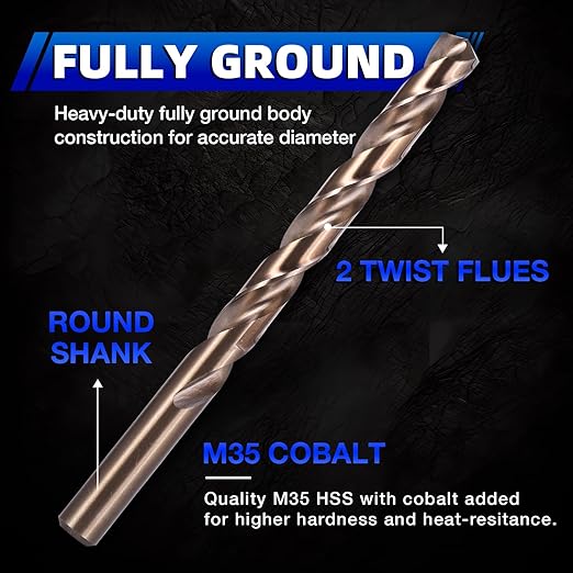 3/16 Inch Cobalt Drill Bit Set (10Pcs), M35 Fully Grounded 5% Cobalt Bits for Hardened Metals, Stainless Steel, Cast Iron and Wooden Plastics, with Storage Box