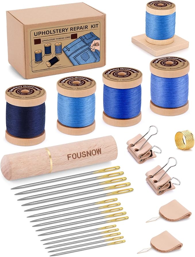 FOUSNOW Upholstery Repair Kit, Sewing Kit with Blue Sewing Threads, Professional Heavy Duty Sewing Kit for Home Repair Sewing Denim Clothes, Denim Bags, Jacket, Shoes, Wallets Crafts