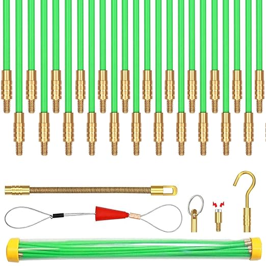 33 Ft Fiberglass Cable Wire Running Pull Push Kit Coaxial Electrical Connectable Fish Tape with Hook and Hole Kit in Transparent Tube Green