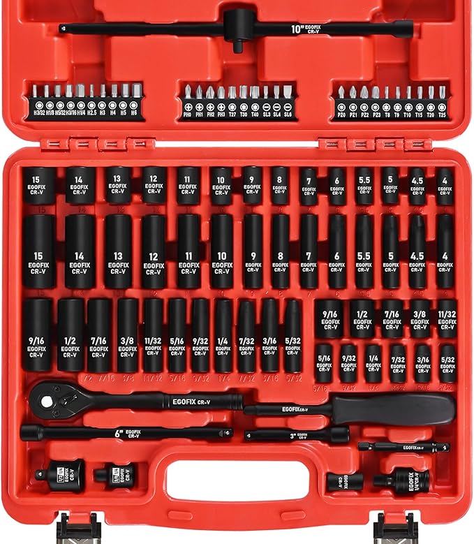 1/4" Drive Impact Socket Set 90 Piece, Metric Socket (4-15mm) and Standard SAE Size (5/32-9/16 inch), with 72-Teeth Ratchet, Screwdriver Bit Set, Mechanics Tool Kit for Home Use and Automotive Repair