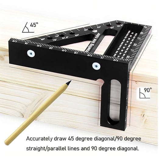3D Aluminum Multi Functional Carpenter Square - Woodworking Square Tool and Measuring Triangle Ruler, Ideal for Angular Measurement, Drawing Right Angles & Parallel Lines in Woodwork and DIY Projects