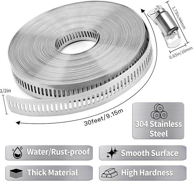 Hose Clamps 30FT Strap+15 Fasteners,DIY Cut-To-Fit 304 Stainless Steel Adjustable Large Worm Gear Band Clamp Assortment Kit,Metal Screw Fasteners and Strapping for Pipe,Duct,Pole,Tube