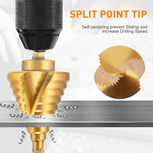 INTHEEND 10 Sizes Step Drill Bit 1/4"–1-3/8", 1/4" Hex Shank HSS Spiral Grooved Steps Drill Bit, Titanium Coating, Large Step Drill Bit for Hole Drilling Cutting for Metal, Aluminum, Wood, Plastic