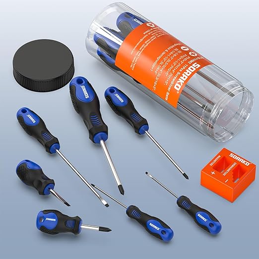 SORAKO 11-Piece Magnetic Screwdriver Set, 5 Phillips and 5 Slotted Tips, Include Magnetizer, Screwdriver with Professional Non-Slip Grip, for Home Repair and DIY Projects，With Case