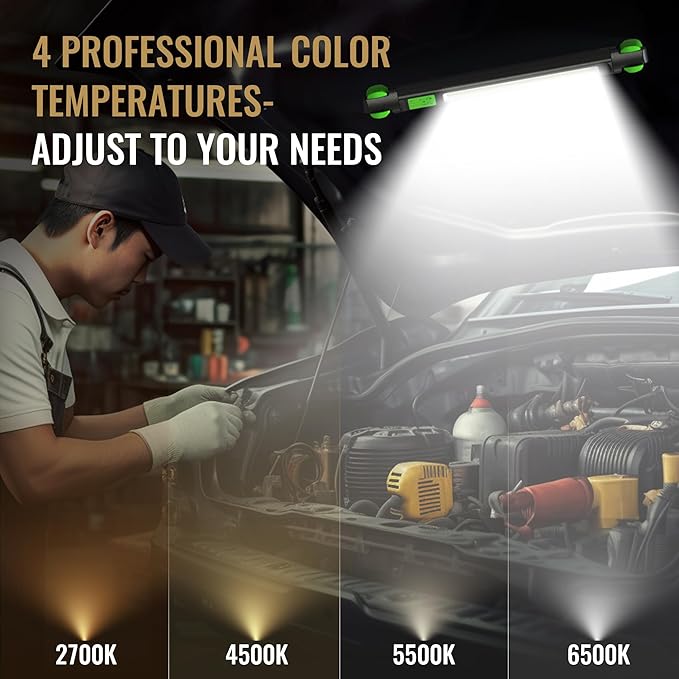 Magnetic Rechargeable Underhood Work Light for Mechanic, 7800mAh 12H, IP65 Waterproof, 360° Rotating, 4 Modes (2700K-6500K), USB-C Fast Charge, for Car Repairing/Garage/Emergency