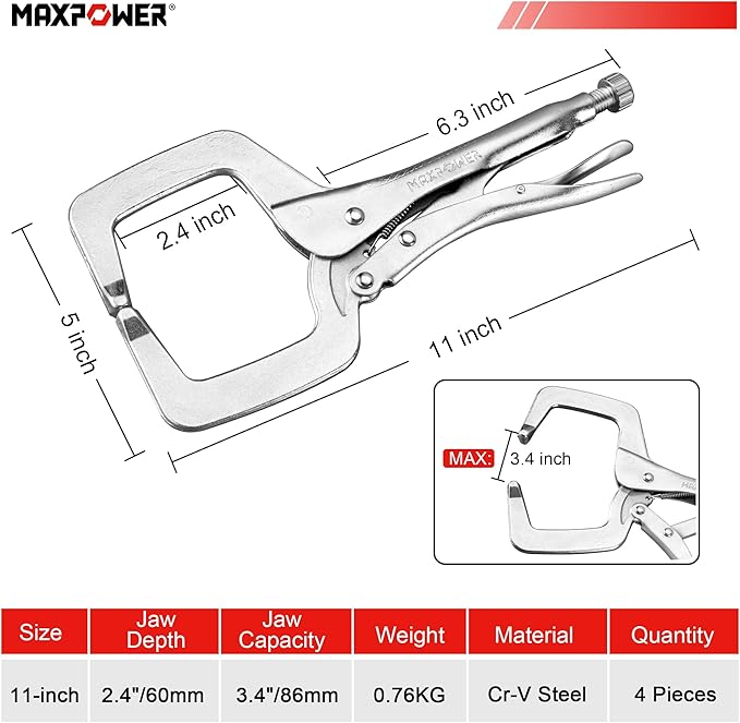 MAXPOWER 11-inch Locking C Clamp, Heavy Duty C-Clamp Locking Pliers with Regular Tip for Welding - 4 Pack