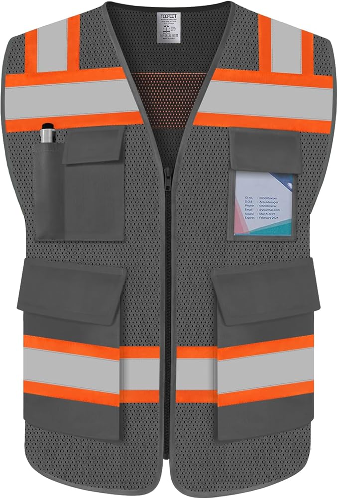 TCCFCCT Safety Vest for Men Women 5 Pockets Mesh High Visibility Reflective Vest with Reinforced Zipper, Durable Construction Work Vest with Fluorescent Orange Edge, Meets ANSI/ISEA, DW-Grey, 5XL