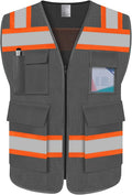 TCCFCCT Safety Vest for Men Women 5 Pockets Mesh High Visibility Reflective Vest with Reinforced Zipper, Durable Construction Work Vest with Fluorescent Orange Edge, Meets ANSI/ISEA, DW-Grey, 3XL