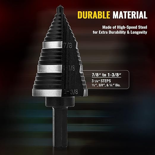 ZELCAN 1PC M2 Step Drill Bit, Faster Drilling Step Bit 3/16 to 1-3/8 Inch, Professional Unibit Drill Bit for Cutting Holes On Sheet Metal, Steel, Wood, Aluminum, PVC, Stepped Up Bit for Electrician