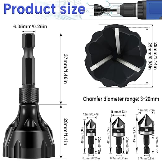 Deburring External Chamfer Tool with Tungsten Carbide Blade, Hakkin 5Pcs Remove Burr Tools with Quick Release Shank, Deburring Drill Bit Set Fits for 1/8"- 3/4" (3mm-20mm) Stainless Steel Countersink