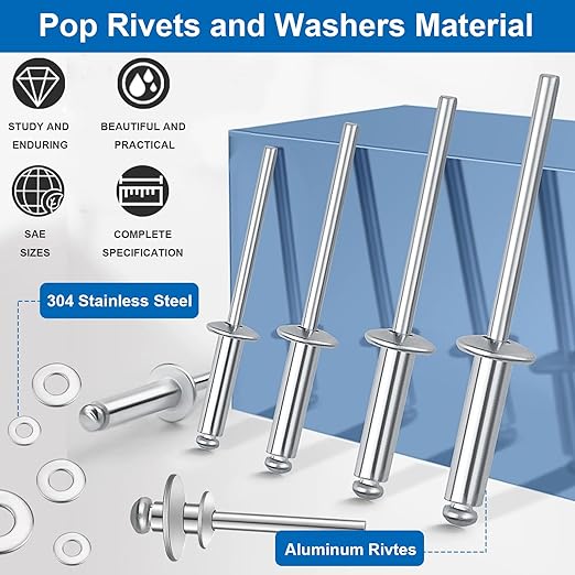 smseace 200Pcs 3/16"x1/2" Pop Rivets with Washer Assortment Kit 4.8x12.7mm Pop Rivets and 3/16" 304 Stainless Steel Backup Washers Aluminum Rivets kit for Metal/Furniture/Automotive/Instruments