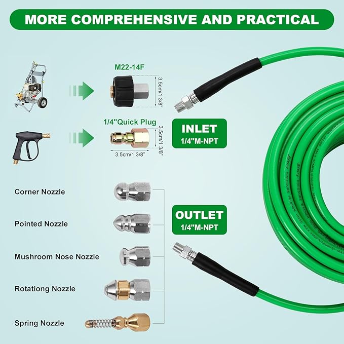 Sewer Jetter Kit for Pressure Washer,Water Jet Drain Cleaning Hose with Corner Rotating Button Spring Nose 1/4" NPT Sewer Cleaning Tool High-Pressure Nozzles,5800 PSI 150 FT