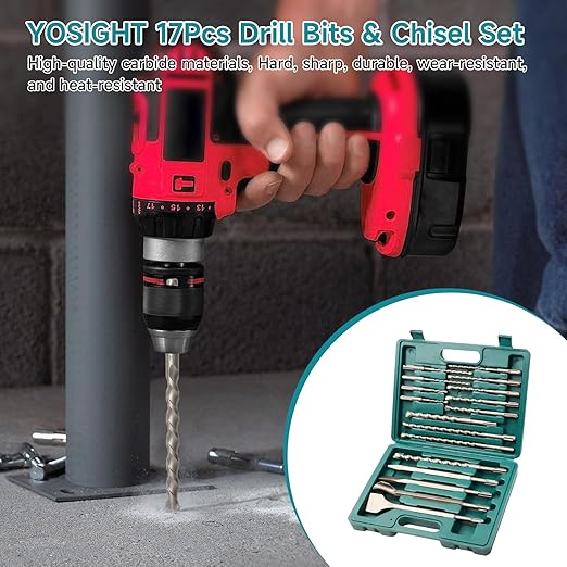 17Pcs SDS-Plus Rotary Hammer Drill Bits and Chisel Set - Carbide-Tipped Drill Bits and Chisels with Storage Case - Used for Concrete Brick Stone and Other Masonry Construction Materials