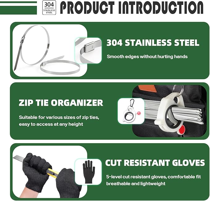 Metal cable tie gun set,contains 200 heavy-duty outdoor stainless steel cable ties,suitable for chain link fence components,wire mesh rolls,exhaust pipe winding,poultry fencing,boat construction,etc