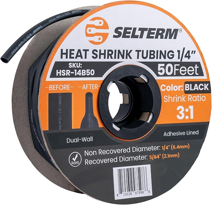 SELTERM 1/4" Black [50 Feet] Marine Grade Heat Shrink Tubing Roll, 3:1 Ratio Dual Wall Adhesive Lined Waterproof Heat Shrink Wrap Tube, for Battery Cable Lugs Wire Terminals Connectors