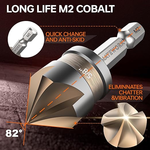 Countersink Drill Bit Set, M2 Cobalt HSS Countersink Drill Bits 6 Pieces 1/4 Inch Quick Change Hex Shank for Metal, Wood, Stainless Steel, Carbon Steel