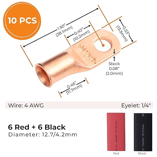 SELTERM 10pcs - 4 Awg - 1/4" Stud - Battery Lugs - Ring Terminal Connectors | with 12pcs 3:1 Black & Red Heat Shrink Tubing with Adhesive | Heavy Duty Battery Cable Ends - Bare Copper Wire Lugs Kit