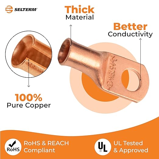 SELTERM 10pcs 4 AWG - 5/16" Stud (Wide Pad) - Battery Lugs, Heavy Duty Wire Lugs, Ring Terminals, Battery Cable Ends,4 Guage Terminals, UL Bare Copper Eyelets Electrical Battery Terminal Connectors