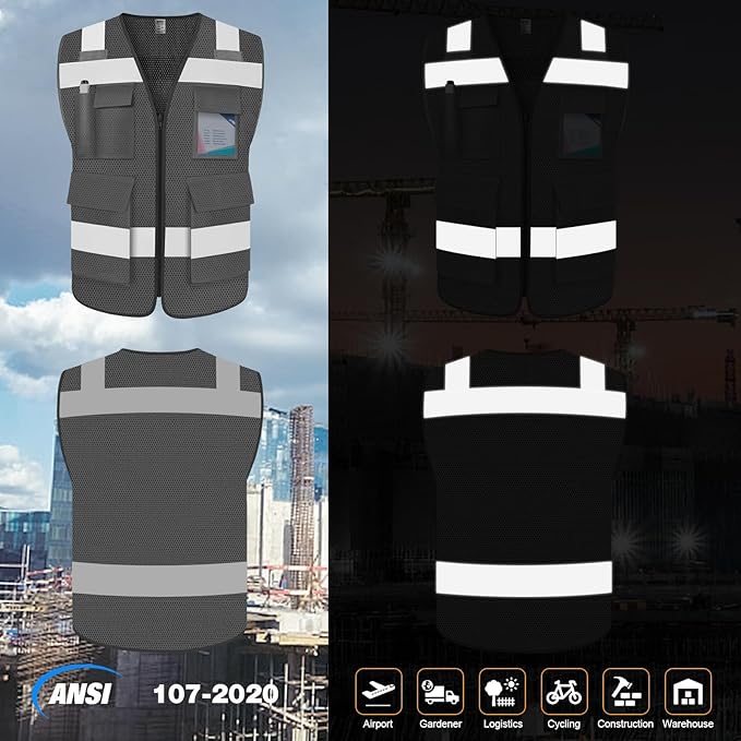 TCCFCCT Mesh Reflective Safety Vest with 5 Pockets High Visibility Vest for Men Women, Work Vest with Horizontal Strip for Walkie-talkie and ID Card, Meets ANSI/ISEA Standards, Grey, 4XL