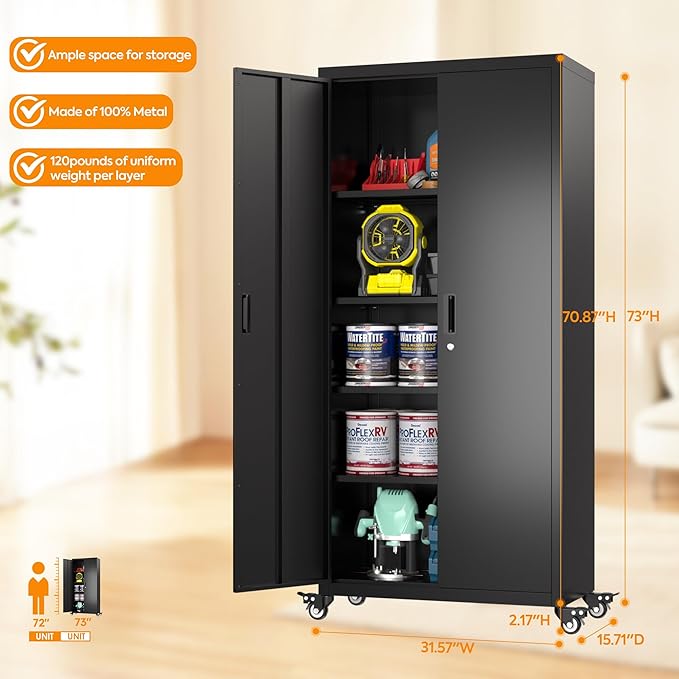 73 Inches Metal Storage Cabinet on Wheels,Storage Cabinet with Wheels and 4 Adjustable Shelves,Rolling Garage Cabinets for Office,Warehouse,Assemble Required(Black)
