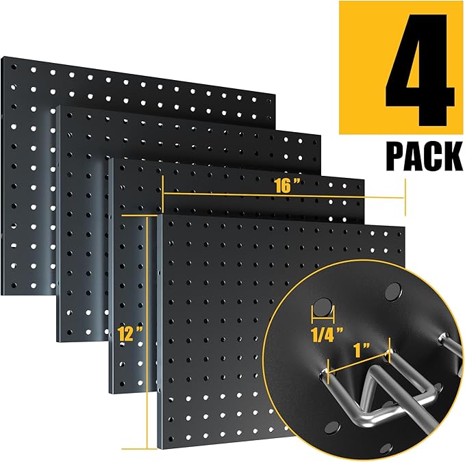 Peg Board, 4 Pack Metal Pegboard Panels Black Pegboards Wall Organizer with Bent Frame Heavy Duty Peg Board for Walls Home, Garage Tool Storage, Office Organization, Craft Room, Kitchen