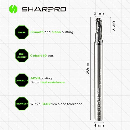 Carbide Ball Nose End Mill 2 Flute 4mm SHK. 3mm Cutting Dia. 3D Carving, High-Speed and Deep Cutting, AlCrN Coated, Apply for Alloy Steel, Stainless Steel and Various Cast Iron.