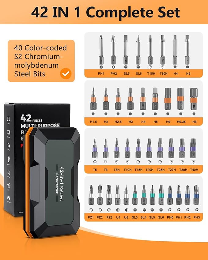 ORIA Screwdriver Kit, 42 in 1 Ratchet Screwdriver Set, Magnetic Precision Repair Tool Kit with DIY Rotatable Handle, 40 PCS Bits for Home Appliances, Bicycle Repair