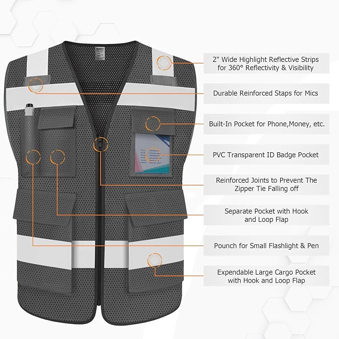TCCFCCT Mesh Construction Vest 5 Pockets Reflective Safety Vest for Men Women, High Visibility Work Vest with Tabs for Walkie-talkie, Durable to Use, Meets ANSI/ISEA, Grey, S