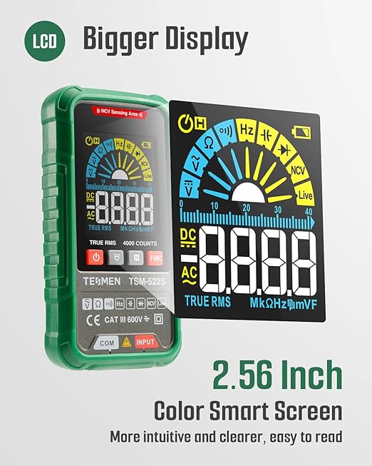 TESMEN TSM-522S Smart Digital Multimeter, Auto-Ranging Volt Meter, TRMS 4000 Counts Voltage Tester Measures Voltage, Capacitance, NCV, Frequency, Ohm, Continuity, Diode, Live Wire for Automotive, DIY