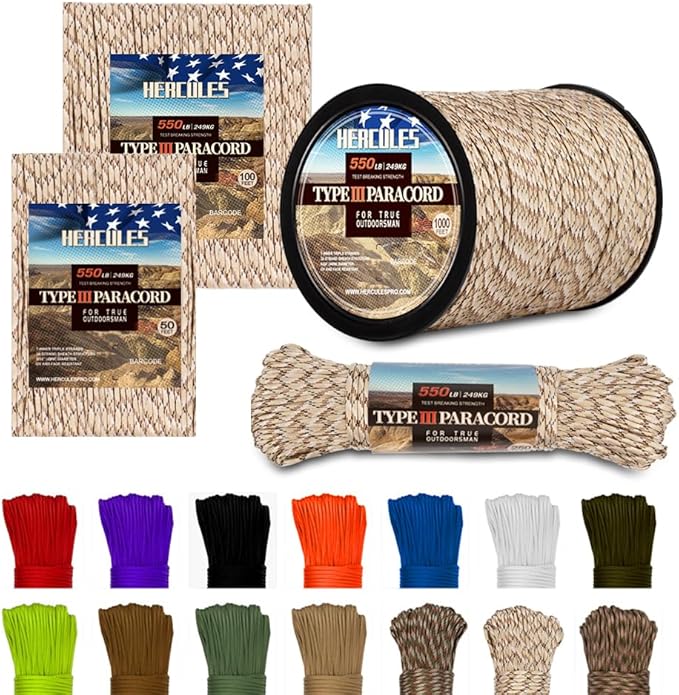 HERCULES Type III Paracord 550 Paracord Rope Parachute Cord, 50' Camo for Survival Rope, Survival Cord