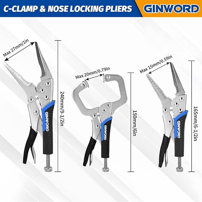 Vice Grips Pliers Set, 6-Piece Locking Pliers Set, 6-1/2"& 9-1/2"Needle Nose Vise Grips, 5"&7"&10" Curved Jaw Vise Grip Tools, 6" C-clamp Locking Plier with Rolling Pouch
