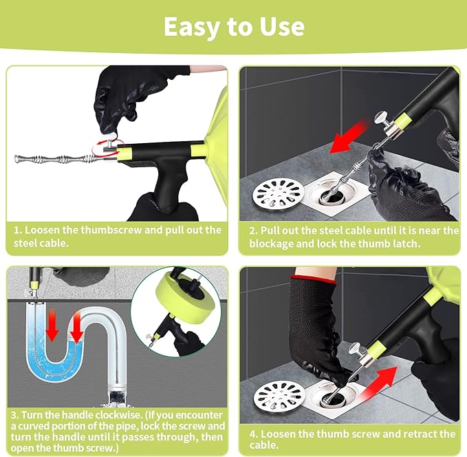 Drain Snake 50 Ft, Plumbing Snake for Sink with Drill Attachment, Snake Drain Clog Remover for Shower Drain and Sink, Manual or Powered Use, Comes with Gloves and Storage Bag, 1/4 Inch, Light Green