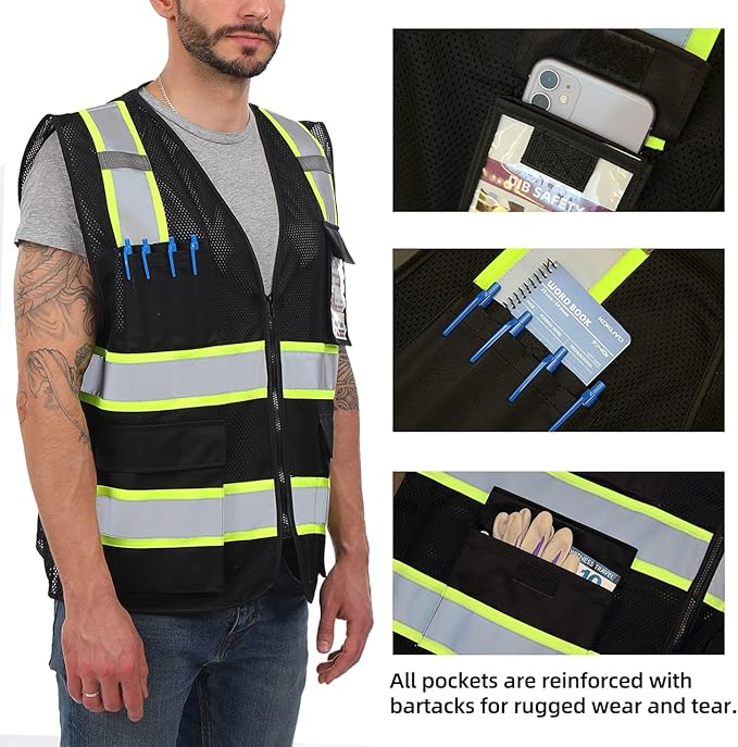 Dib Safety Reflective Mesh Vest High Visibility Two Tone with Pockets and Zipper, Black Mesh with Yellow Trim 4X